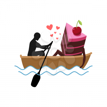 Lover of cakes. Man and piece of cake Ride in boat. Lovers. Glutton of Lifestyle
