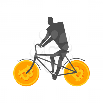 Businessman at Bitcoin bicycle. Mining concept. Vector illustration

