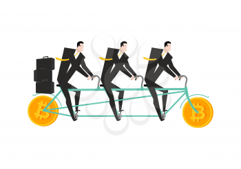Businessman at Bitcoin bicycle tandem. Mining pool concept. Vector illustration
