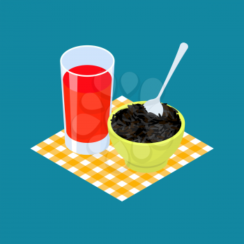 Black rice Porridge and fruit juice. Breakfast Healthy food. Vector illustration
