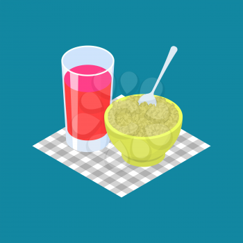 Green buckwheat Porridge and fruit juice. Breakfast Healthy food. Vector illustration
