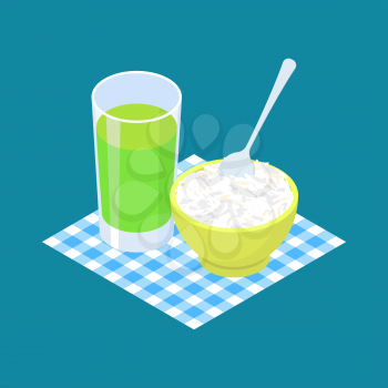Basmati rice Porridge and fruit juice. Breakfast Healthy food. Vector illustration

