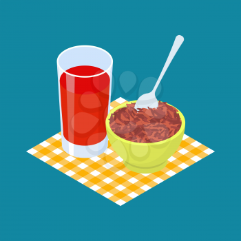Red rice Porridge and fruit juice. Breakfast Healthy food. Vector illustration