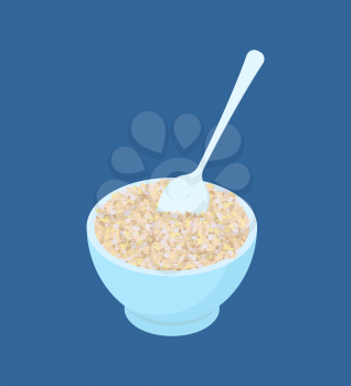 Bowl of barley porridge and spoon isolated. Healthy food for breakfast. Vector illustration