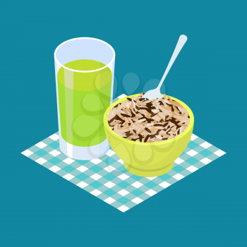 Wild rice Porridge and fruit juice. Breakfast Healthy food. Vector illustration
