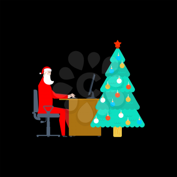 Santa Claus at work at computer. Christmas work. Businessman Santa. Vector illustration
