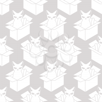 Cat in box white texture. Pet in cardboard box background. vector pattern
