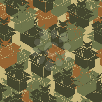 Cat in box military pattern. Pet in cardboard box army background. vector war texture
