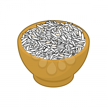 Basmati rice in wooden bowl isolated. Groats in wood dish. Grain on white background. Vector illustration
