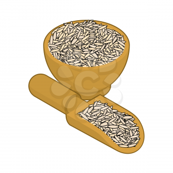 Brown rice in wooden bowl and spoon. Groats in wood dish and shovel. Grain on white background. Vector illustration