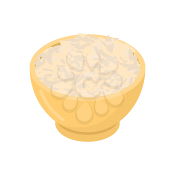 Parboiled rice in wooden bowl isolated. Groats in wood dish. Grain on white background. Vector illustration
