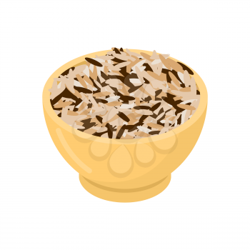 Wild rice in wooden bowl isolated. Groats in wood dish. Grain on white background. Vector illustration
