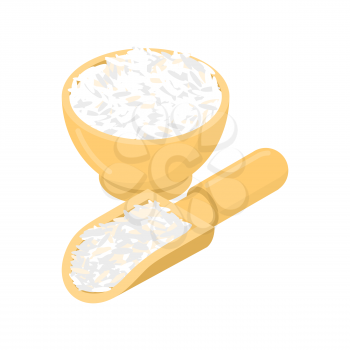 Basmati rice in wooden bowl and spoon. Groats in wood dish and shovel. Grain on white background. Vector illustration