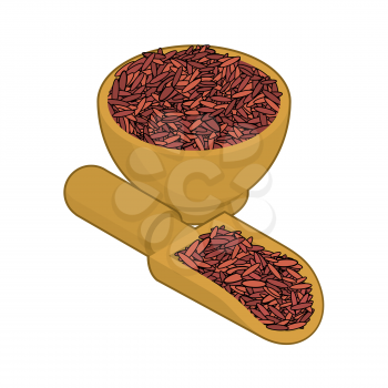 Red rice in wooden bowl and spoon. Groats in wood dish and shovel. Grain on white background. Vector illustration