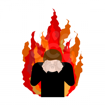 Sinner on fire. OMG. Cover face with hands. Despair and suffering. Hell fire. Vector illustration