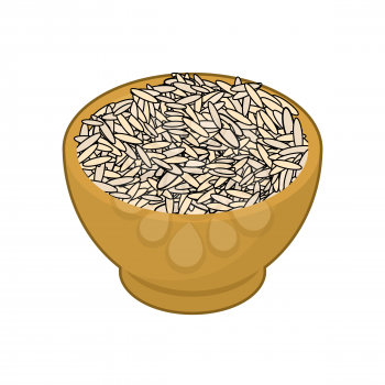Brown rice in wooden bowl isolated. Groats in wood dish. Grain on white background. Vector illustration
