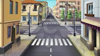 Digital painting of the city streets. Crossroads, traffic light, crosswalk.