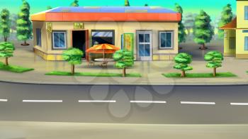 Digital painting of the roadside cafe. Front view