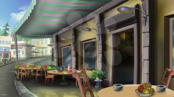 Digital painting of the street cafe in a city with tables and chairs.