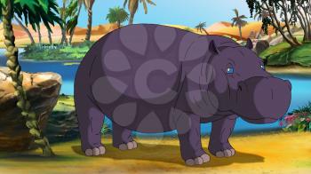Digital painting of the big Hippopotamus in Africa
