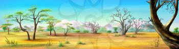 Digital painting of the African Savannah in a summer day with mountains on background. Panorama.