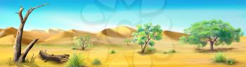 Digital painting of the African Savannah in a summer morning with acacia trees and dried tree. Panorama.