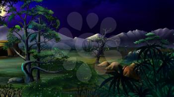 Digital painting of the African native plants in a summer night.