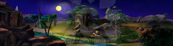 Digital painting of the African Bush in a summer night with stone rock. Panorama.