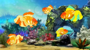 Goldfish in a Fish tank. Digital painting  full color illustration.