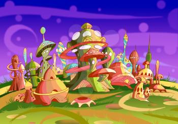 Digital Painting, Illustration of a Futuristic Alien City. Fantastic Cartoon Style Character, Fairy Tale Story Background, Card Design