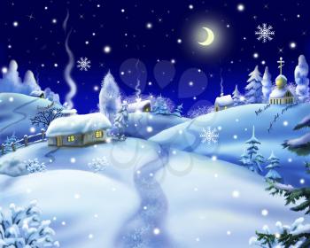 Digital painting of the Winter Night in a Village