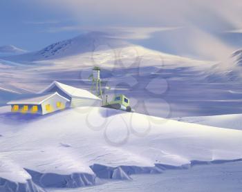 Digital Painting, Illustration of a Polar Research Station in Antarctica in Realistic Cartoon Style