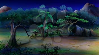 Digital painting of the African bush in a summer night.