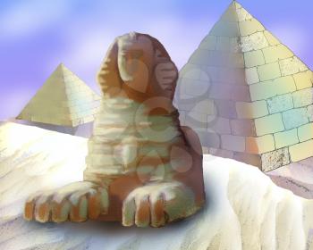 Digital Painting, Illustration of a Pyramids And Sphinx in Realistic Cartoon Style