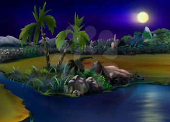 Digital painting of the African Bush in a summer night with stone rock. Panorama.