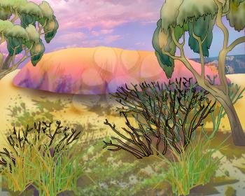 Uluru Kata Tjuta Australian Landmark. Red Mountain. Digital Painting Background, Illustration in cartoon style character.