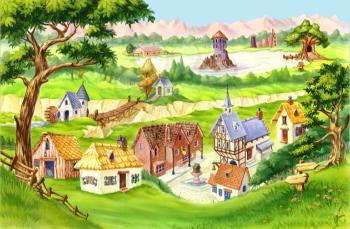 Fairytale Village. Digital Painting Background, Illustration in cartoon style character.