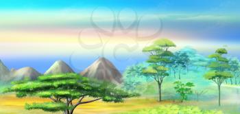 Panorama of African Savannah in a Hot Summer morning. Acacia Tree in a Mountains at sunrise. Digital Painting Background, Illustration in cartoon style character.