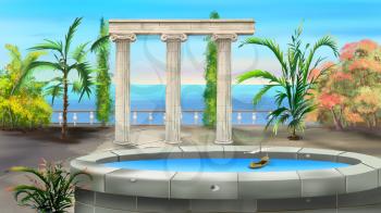 Ancient Colonnade in a summer day. Background, Illustration in cartoon style character.