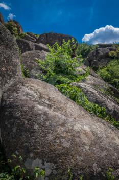 Granite Arbuzinka Rocks in the canyon near the Aktovo village, on the Mertvovod river in Ukraine. One of natural wonders of Europe.