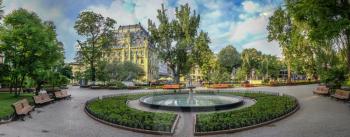 ODESSA, UKRAINE - 05.19.2018. Panoramic view in the Odessa City garden, Ukraine, on a sunny spring morning