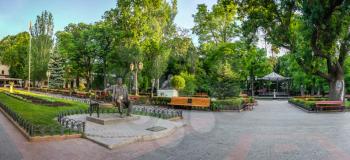 ODESSA, UKRAINE - 05.19.2018. Panoramic view in the Odessa City garden, Ukraine, on a sunny spring morning