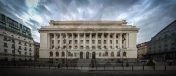 BUCHAREST, ROMANIA - 07.20.2018. Panoramic view of National Bank Of Romania in Bucharest in a gloomy summer morning