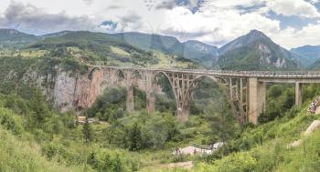 Tara river, Montenegro - 07.16.2018. Panoramic view of Djurdjevic Bridge and Tara River canyon in Durmitor National Park, Montenegro.