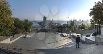 Odessa, Ukraine - 10.12.2018. Panoramic view of Odessa seaside boulevard and sculpture of the founder of the city щn a sunny autumn morning