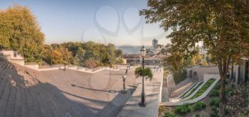 Odessa, Ukraine - 10.12.2018. Panoramic view of Odessa seaside boulevard and sculpture of the founder of the city щn a sunny autumn morning