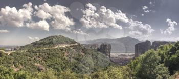 Panoramic view of the Varlaam Monastery in Meteora, Kalambaka town in Greece, on a sunny summer day