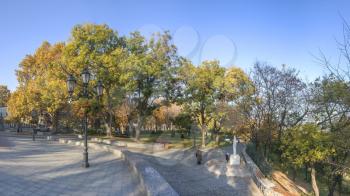 Odessa, Ukraine - 09.11.2018. Early autumn morning on Primorsky Boulevard in Odessa, Ukraine. Panoramic view