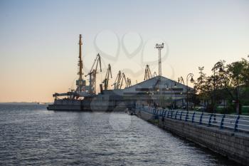 Kherson, Ukraine - 04.27.2019. View of the port in Kherson from the embankment in the spring evening