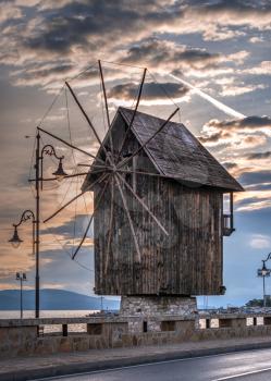 Nessebar, Bulgaria – 07.10.2019.  Old windmill on the way to the ancient city of Nessebar in Bulgaria